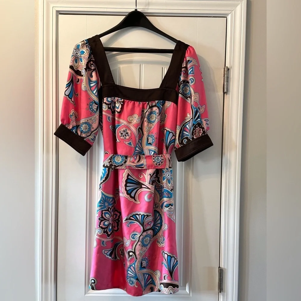 Banana Republic Pink and Blue Paisley Square Neck Dress with Tie Size Small
